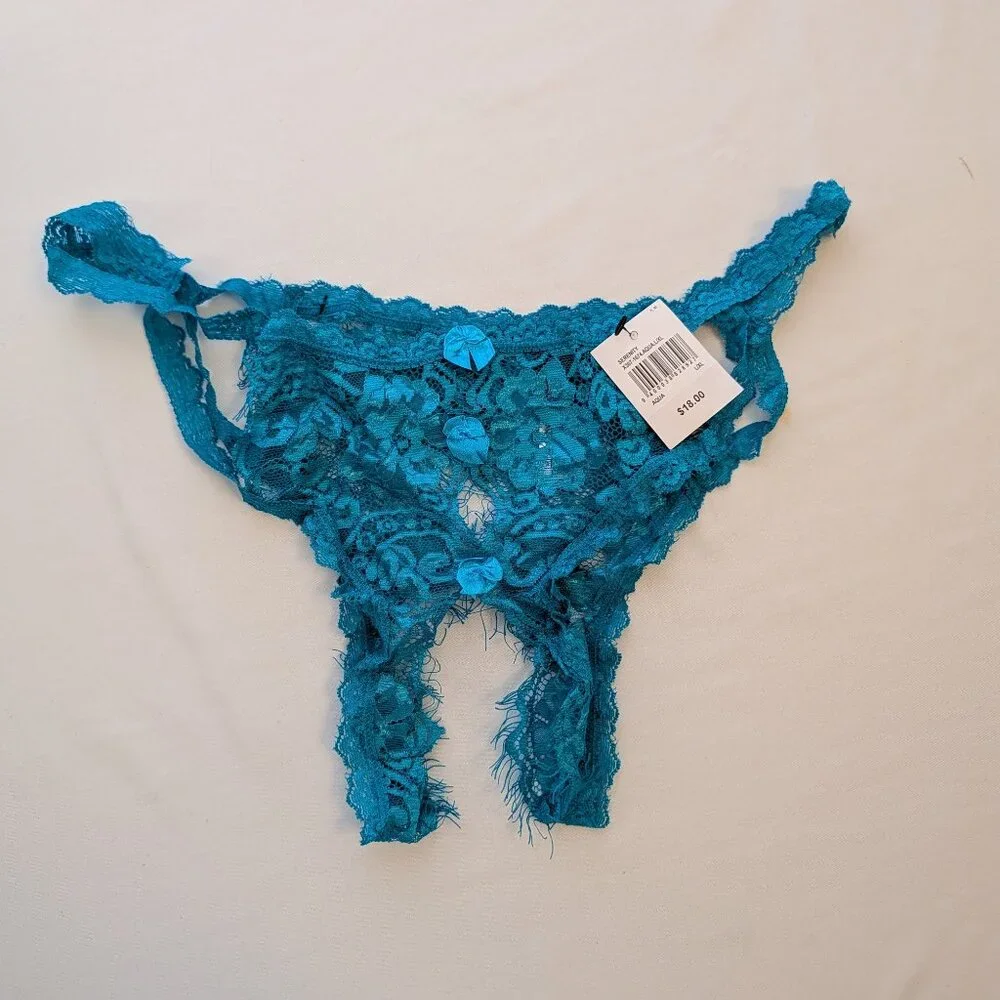 Crotchless Panties L/XL Vintage Frederick's of Hollywood Blue Lace Low Rise Y2K_3
